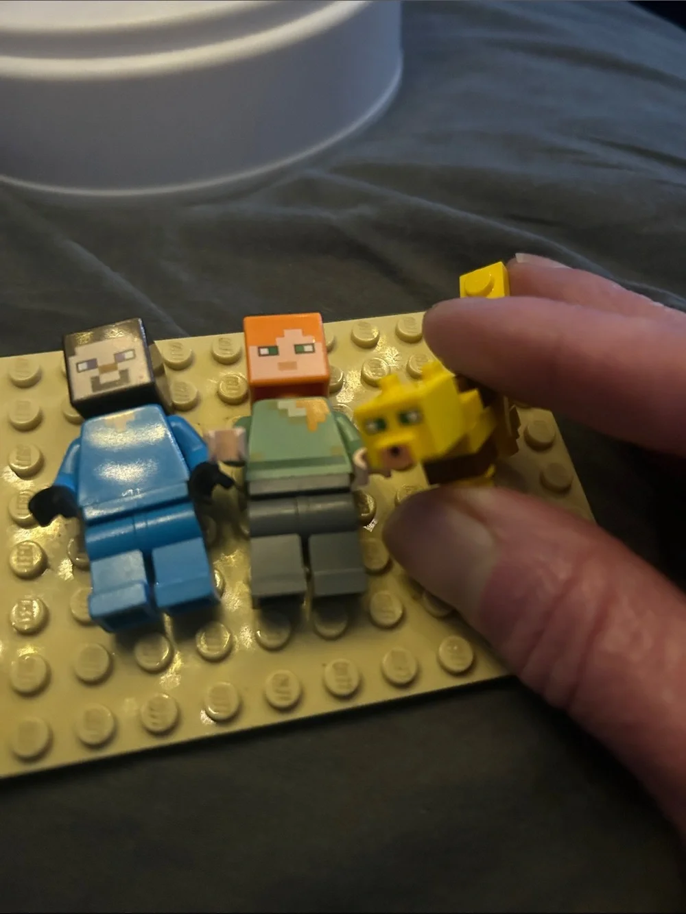 Lego Minecraft weird little family of Steve, Alex, rabbit, villager, kitty